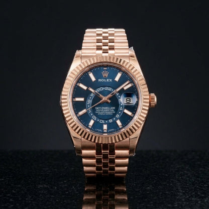 Studio photograph of the Sky-Dweller Rose Gold on black granite