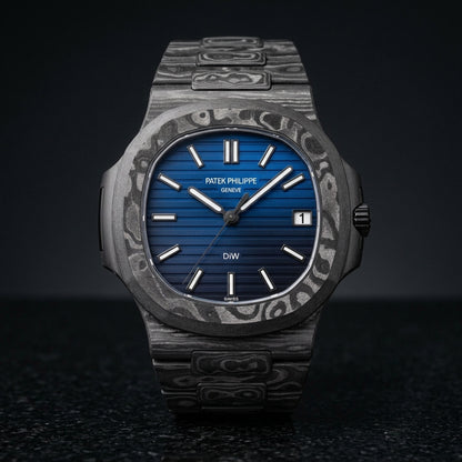 Carbon Sports Watch — Blue Gradient Dial — studio photograph on black granite