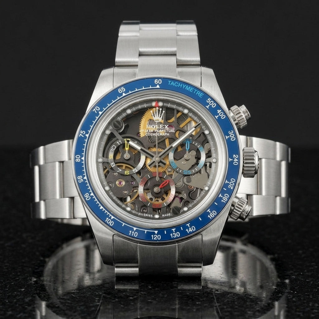 Steel skeleton chronograph with a glossy blue tachymetre bezel, upright on polished black granite