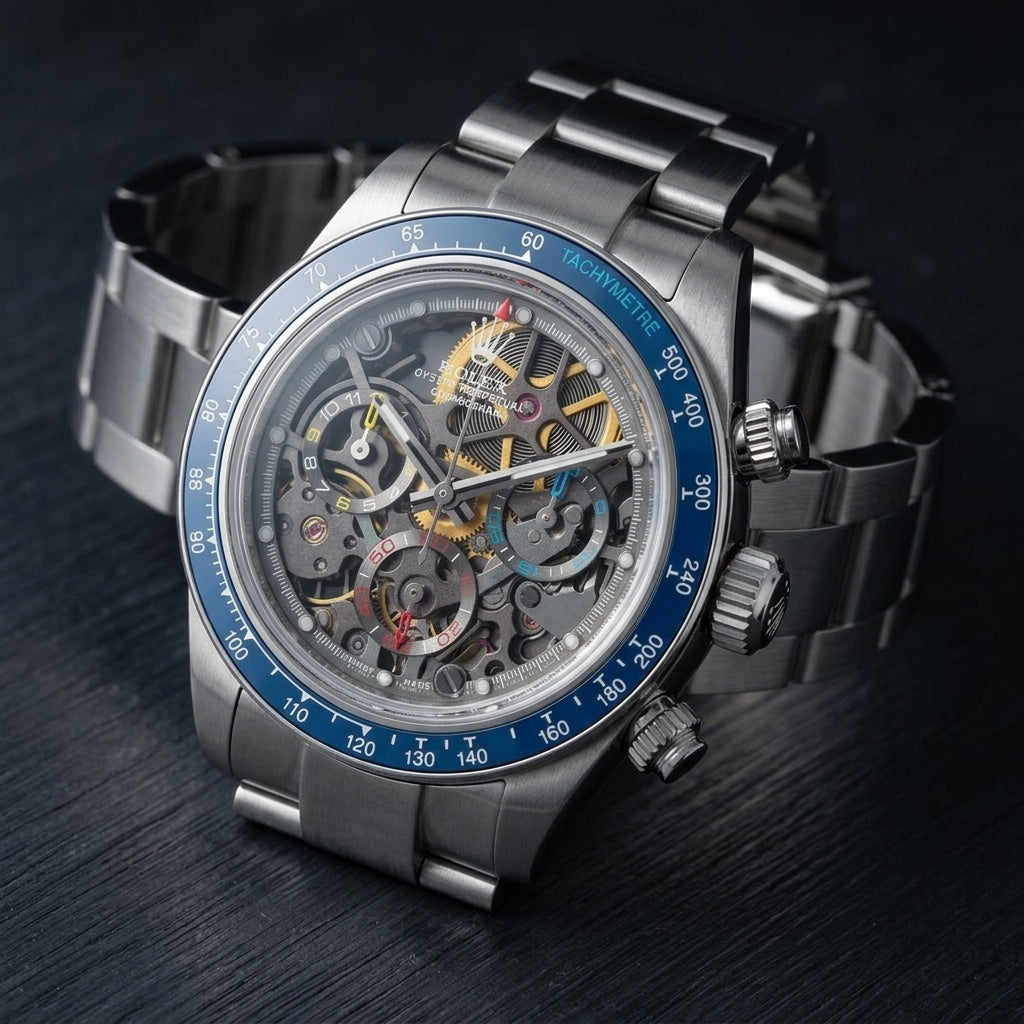 Steel skeleton chronograph at a three-quarter angle on dark slate, the fluted crown and pushers beside the blue bezel