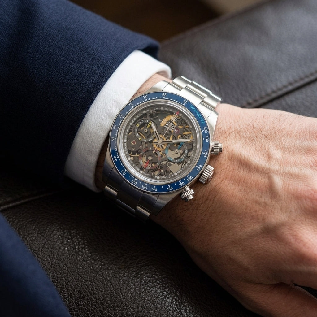 Steel skeleton chronograph with a blue bezel on its steel bracelet, worn on the wrist below a dark suit cuff
