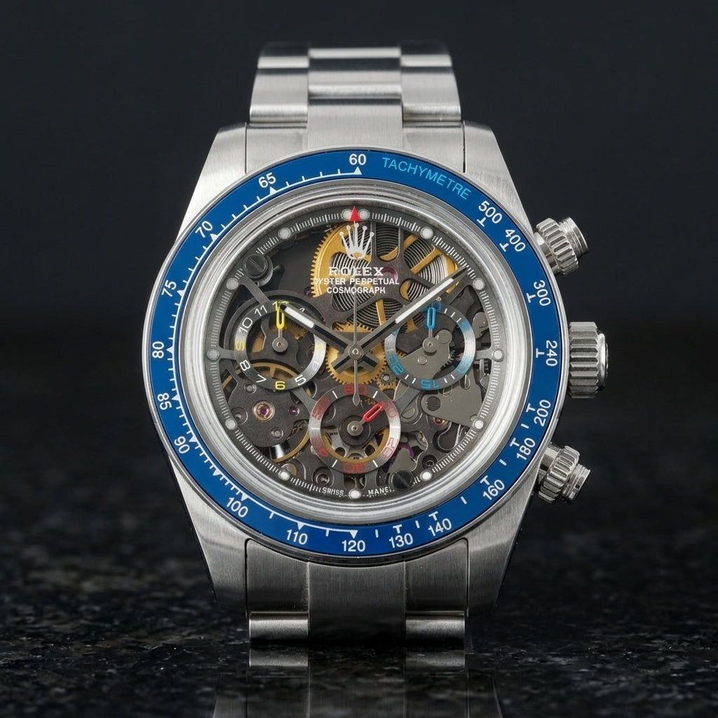 Steel skeleton chronograph with a blue bezel on its steel bracelet, worn on the wrist below a dark suit cuff