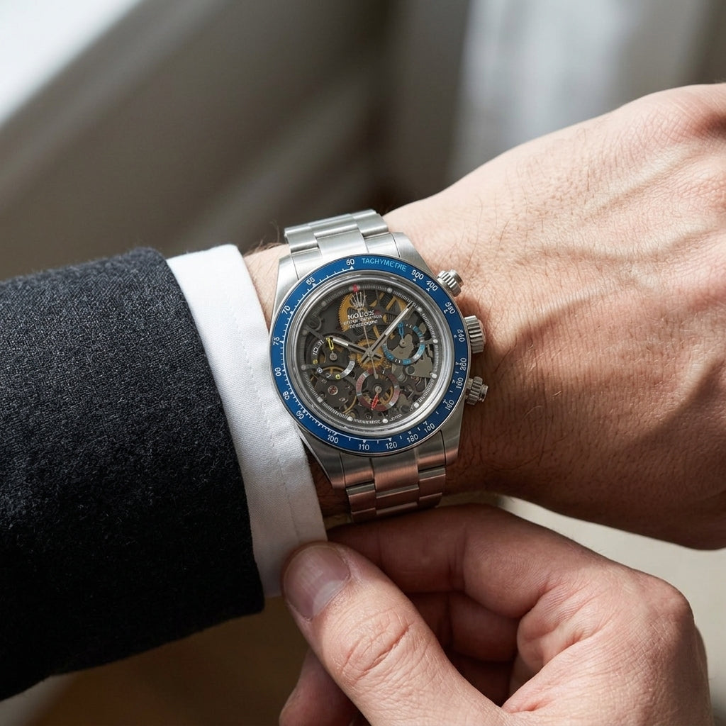 Steel skeleton chronograph with a blue tachymetre bezel on the wrist as a shirt cuff is fastened