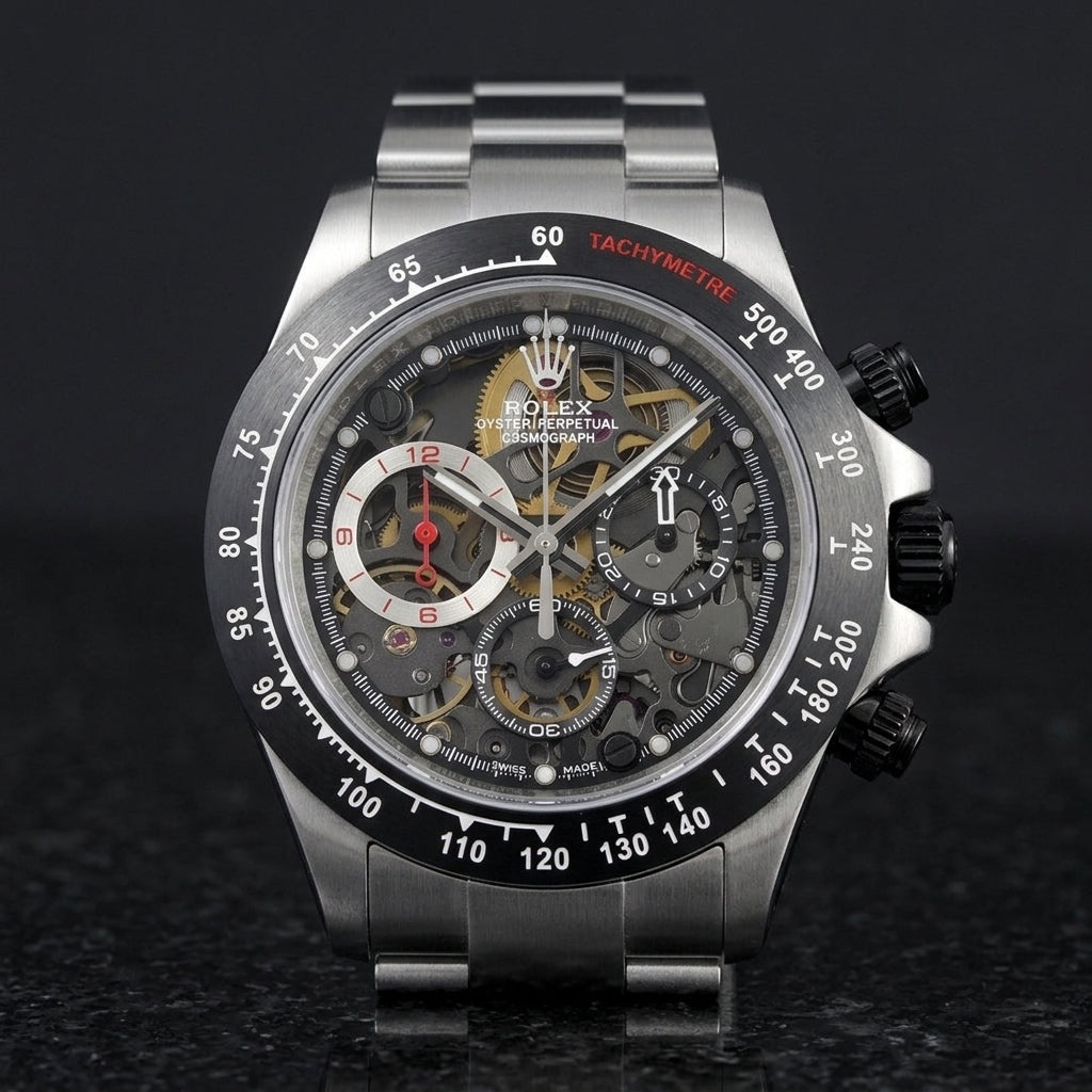 Steel skeleton chronograph with a matte black bezel and black pushers, upright on polished black granite