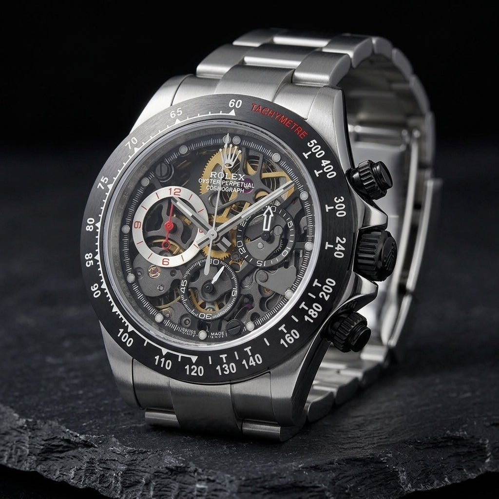 Steel skeleton chronograph at a three-quarter angle on dark slate, the black crown and pushers against the polished flank