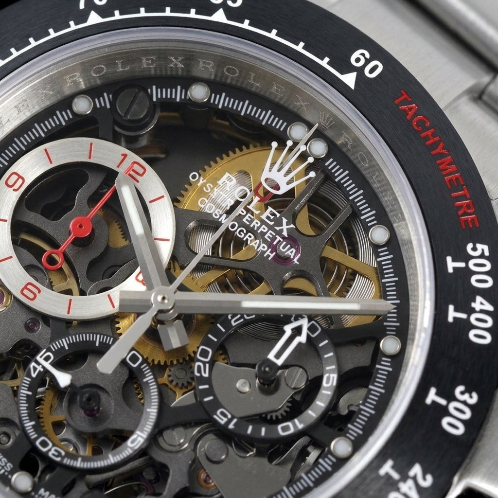Macro of the skeleton dial with gold wheels, the silver counter printed in red and the black counters with white print
