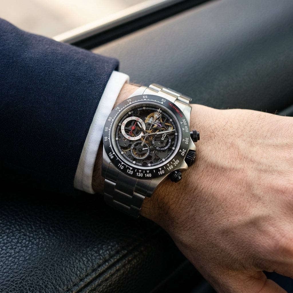 Steel skeleton chronograph with a black bezel on its steel bracelet, worn on the wrist below a dark suit cuff
