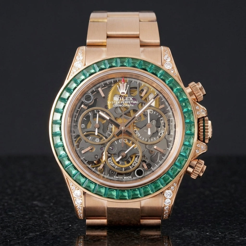Rose gold skeleton chronograph with a green baguette bezel, upright on polished black granite
