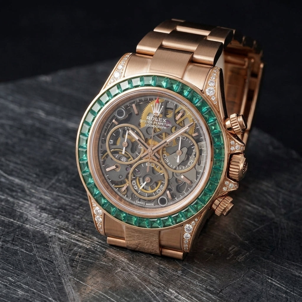 Rose gold skeleton chronograph at a three-quarter angle on dark slate, the green baguettes beside the fluted crown and stone-set lugs