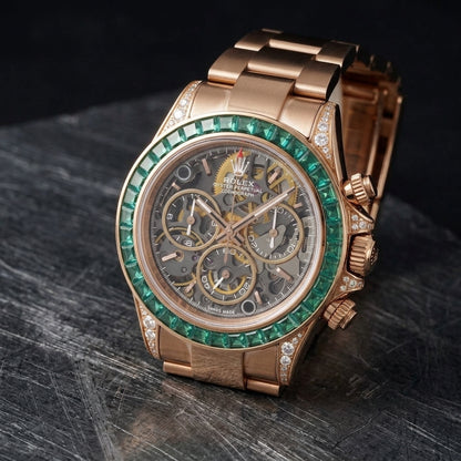 Rose gold skeleton chronograph at a three-quarter angle on dark slate, the green baguettes beside the fluted crown and stone-set lugs