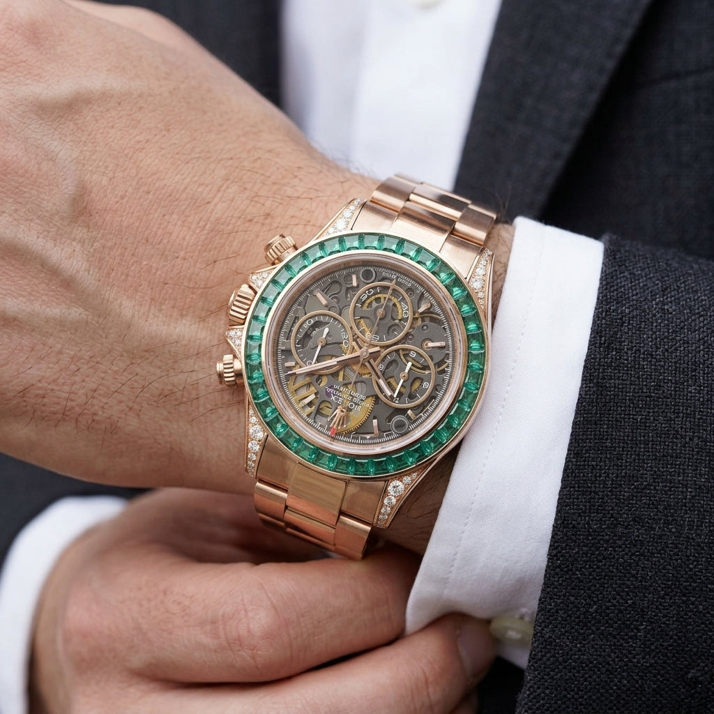 Rose gold skeleton chronograph with a green baguette bezel on the wrist as a shirt cuff is fastened