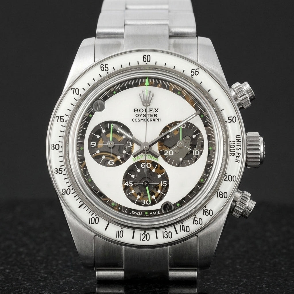Steel chronograph with a milky white dial, three skeleton counters and neon-green accents, upright on polished marble