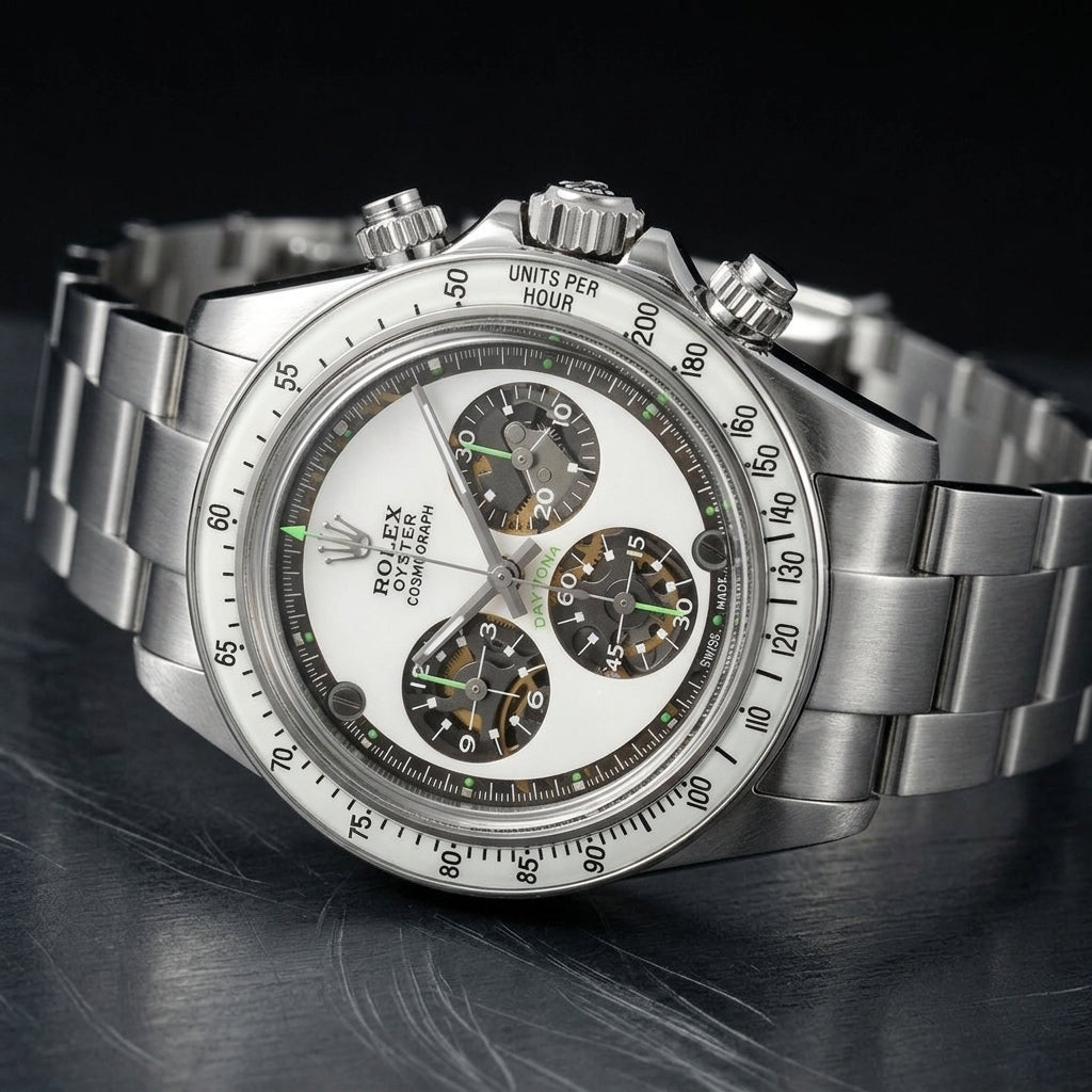 Steel chronograph at a three-quarter angle, the white tachymeter bezel and the steel crown and pushers in view