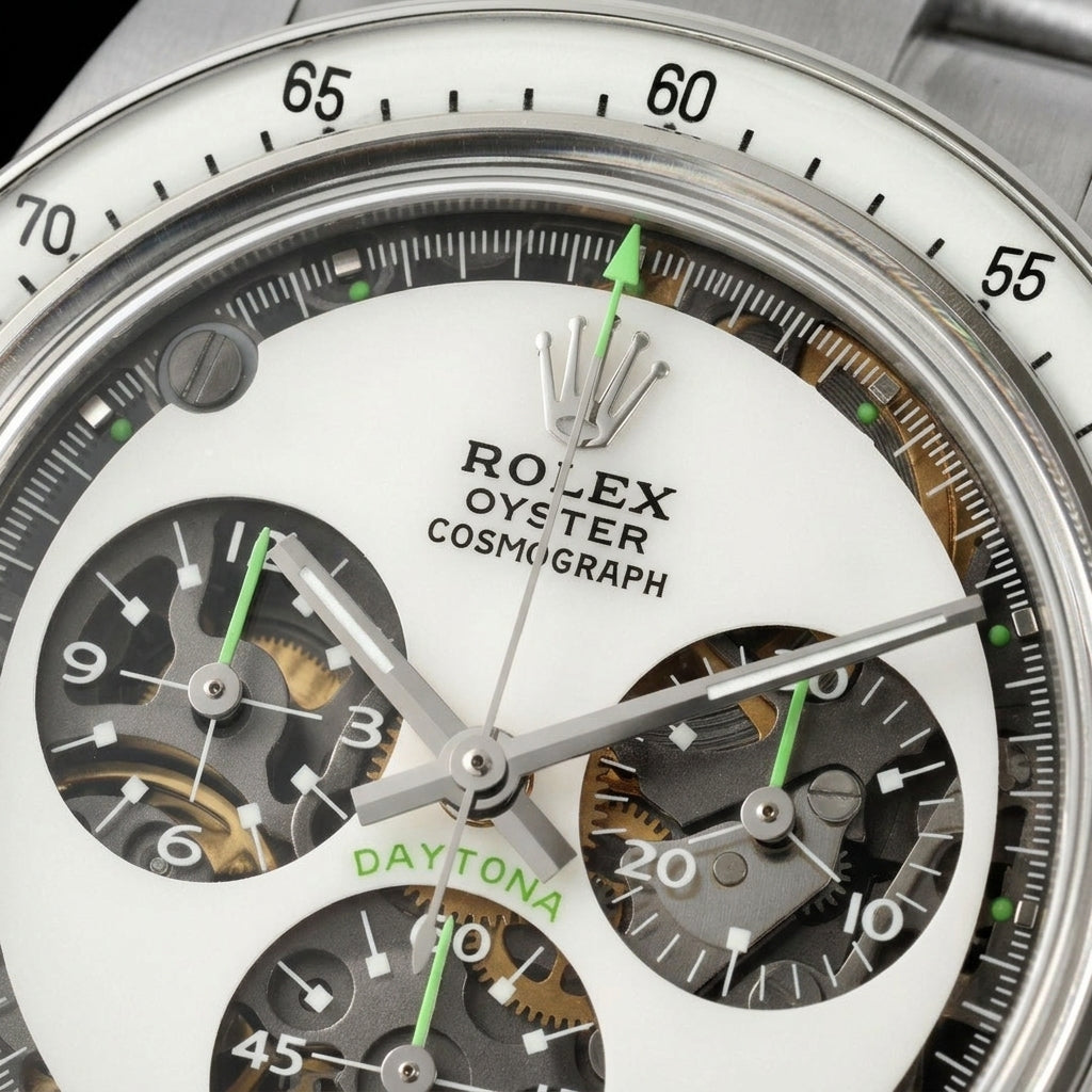 Macro of the white sapphire dial with open skeleton counters, green counter hands and a green-tipped chronograph hand