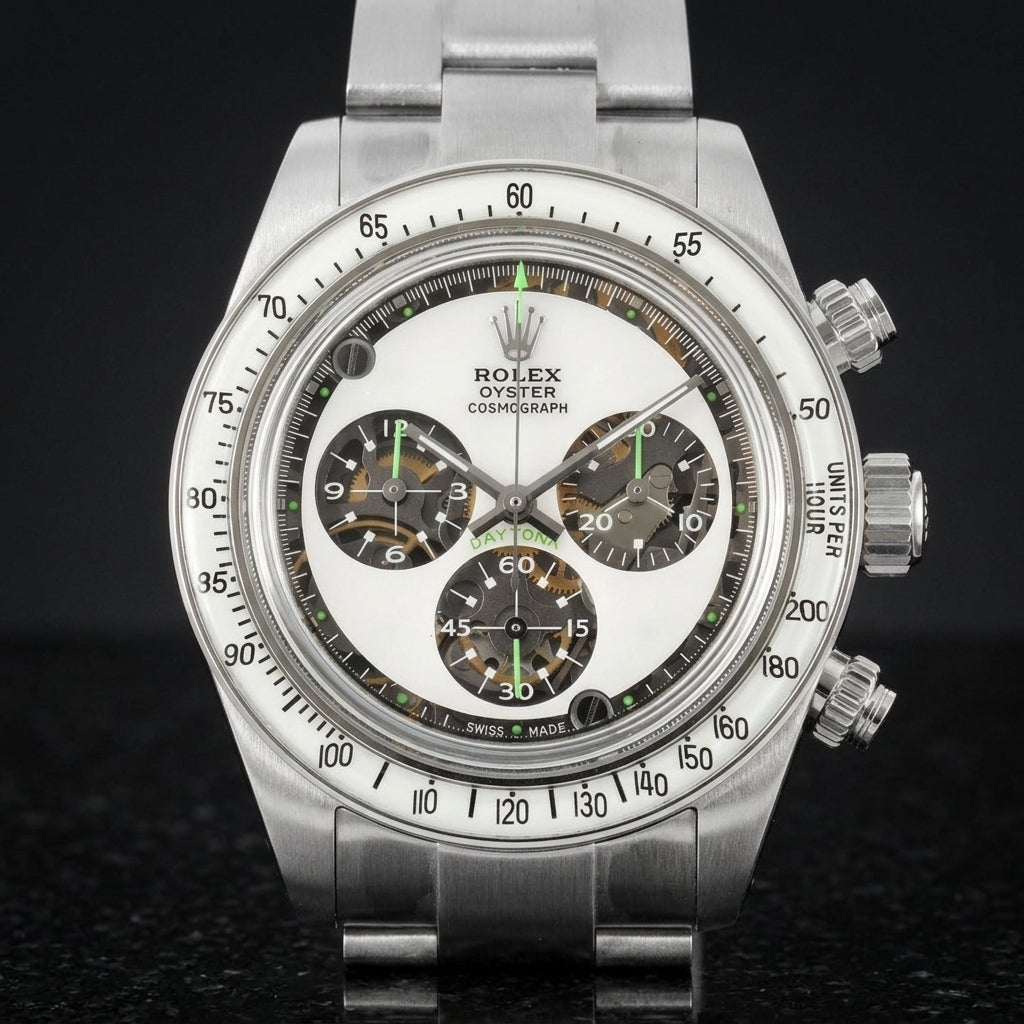 Steel chronograph with a white dial and green accents on the wrist below a dark suit cuff