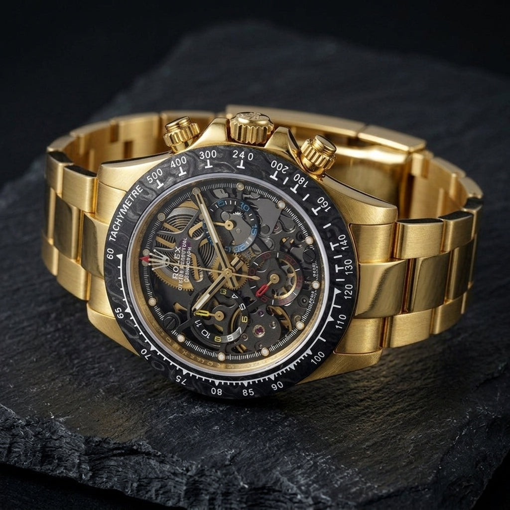 Yellow gold skeleton chronograph at a three-quarter angle on dark slate, the gold pushers beside the black tachymetre bezel