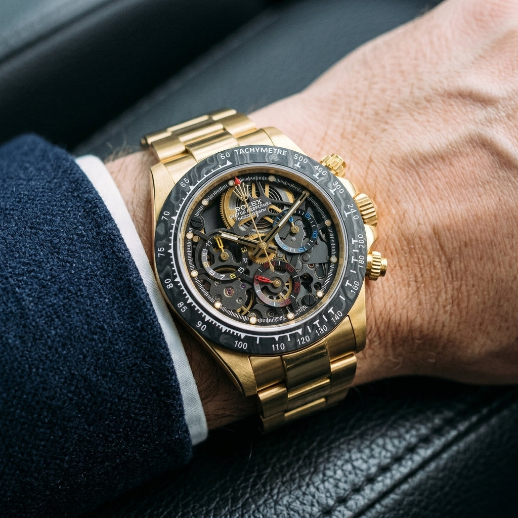 Yellow gold skeleton chronograph on its gold bracelet, worn on the wrist below a dark suit cuff