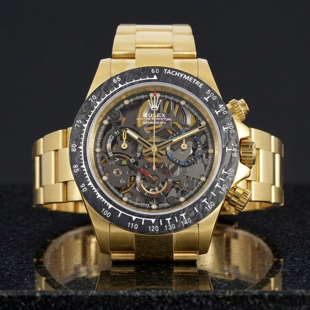 Yellow gold skeleton chronograph on its gold bracelet, worn on the wrist below a dark suit cuff