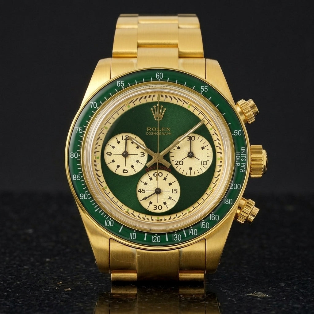 Yellow-gold chronograph with a deep green dial, three cream counters and a green tachymeter bezel, upright on polished black granite