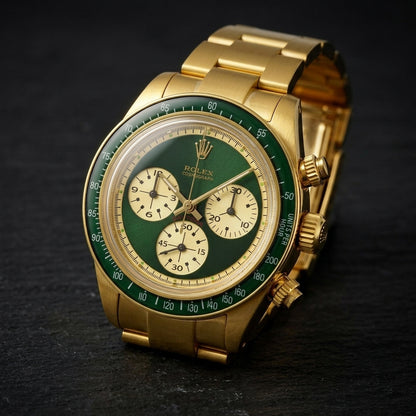 Yellow-gold chronograph at a three-quarter angle on dark slate, the fluted gold crown and pushers beside the green bezel