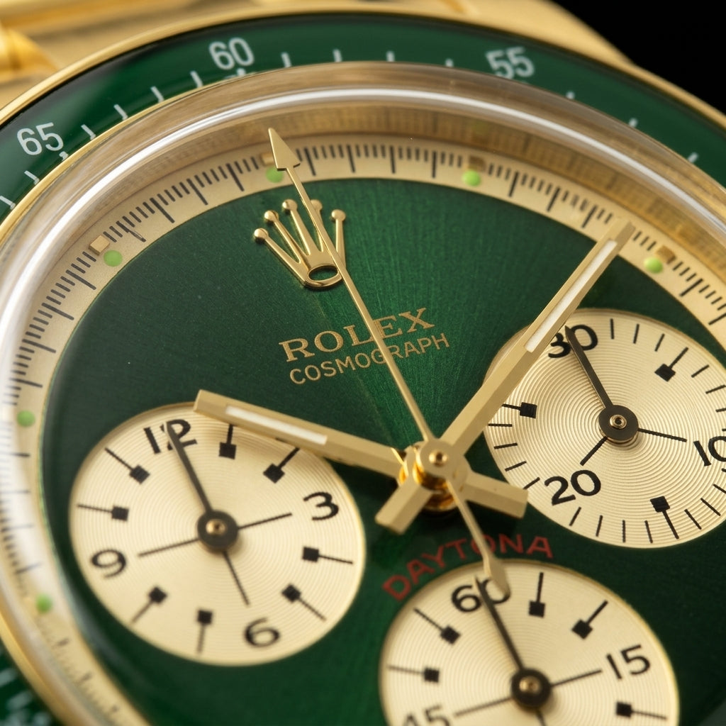 Macro of the green dial with three cream counters, gold markers and green luminous dots