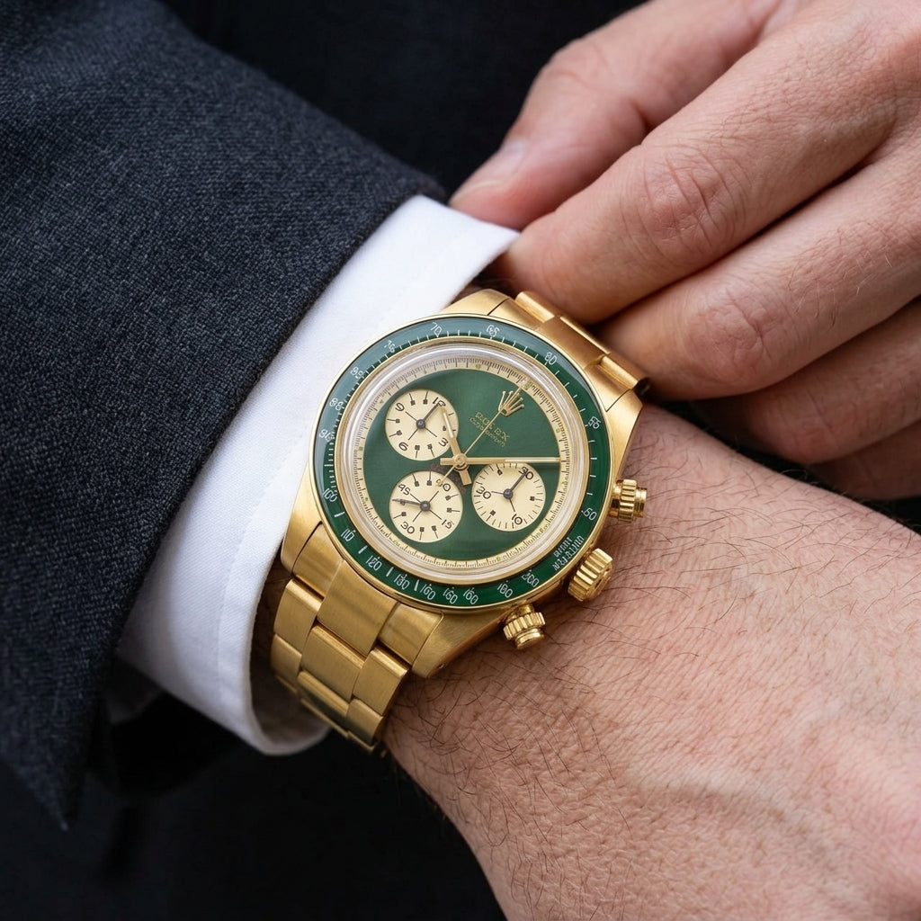 Yellow-gold chronograph with a green dial on the wrist as a shirt cuff is fastened