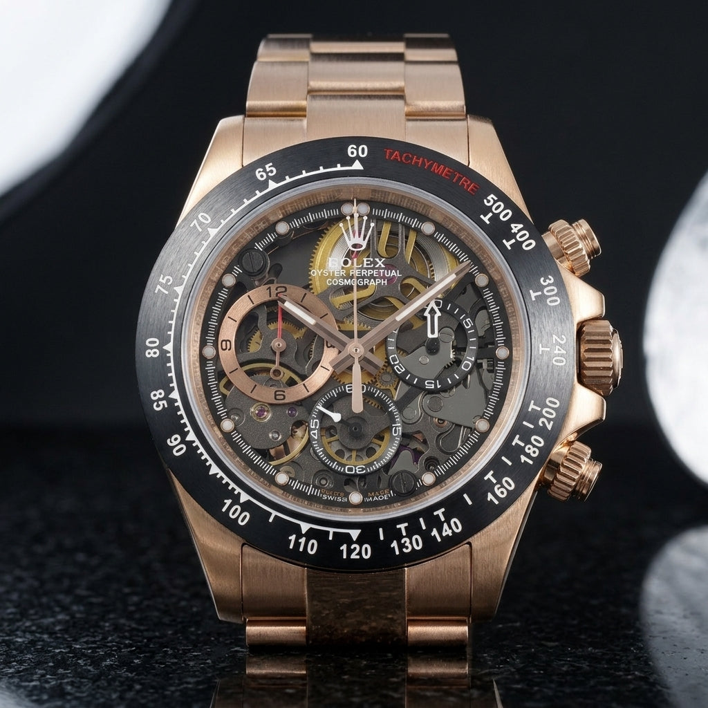 Rose gold skeleton chronograph with a black tachymeter bezel and an open-worked dial, upright on polished black granite