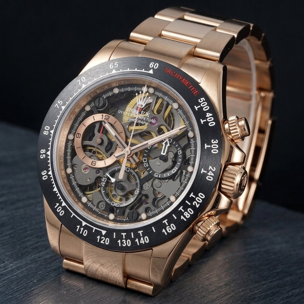 Rose gold skeleton chronograph at a three-quarter angle, the fluted crown and pushers beside the brushed black bezel