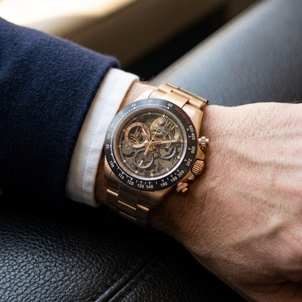 Rose gold skeleton chronograph on its rose gold bracelet, worn on the wrist below a dark suit cuff