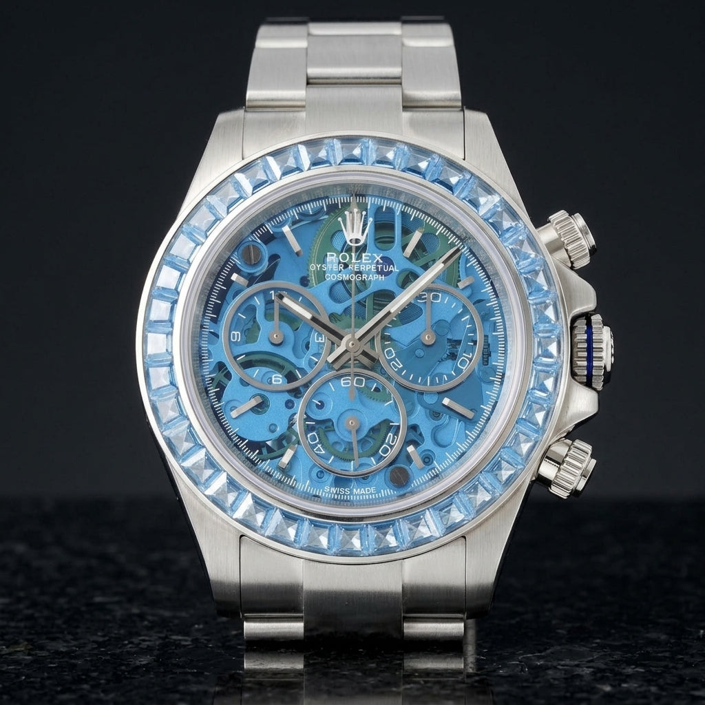 Steel skeleton chronograph with a sky-blue stone bezel and a sky-blue skeleton dial, upright on polished black granite