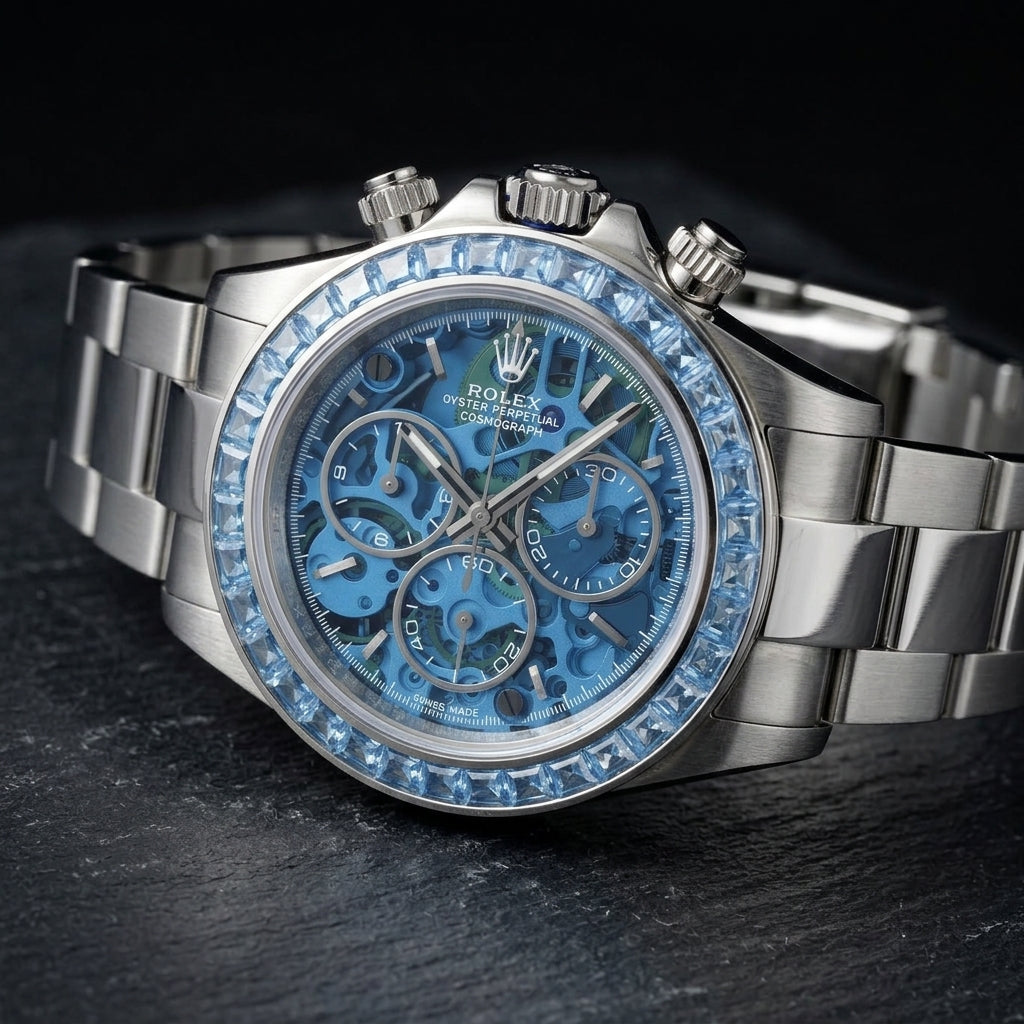 Steel skeleton chronograph at a three-quarter angle on dark slate, the sky-blue stones beside the fluted crown and pushers