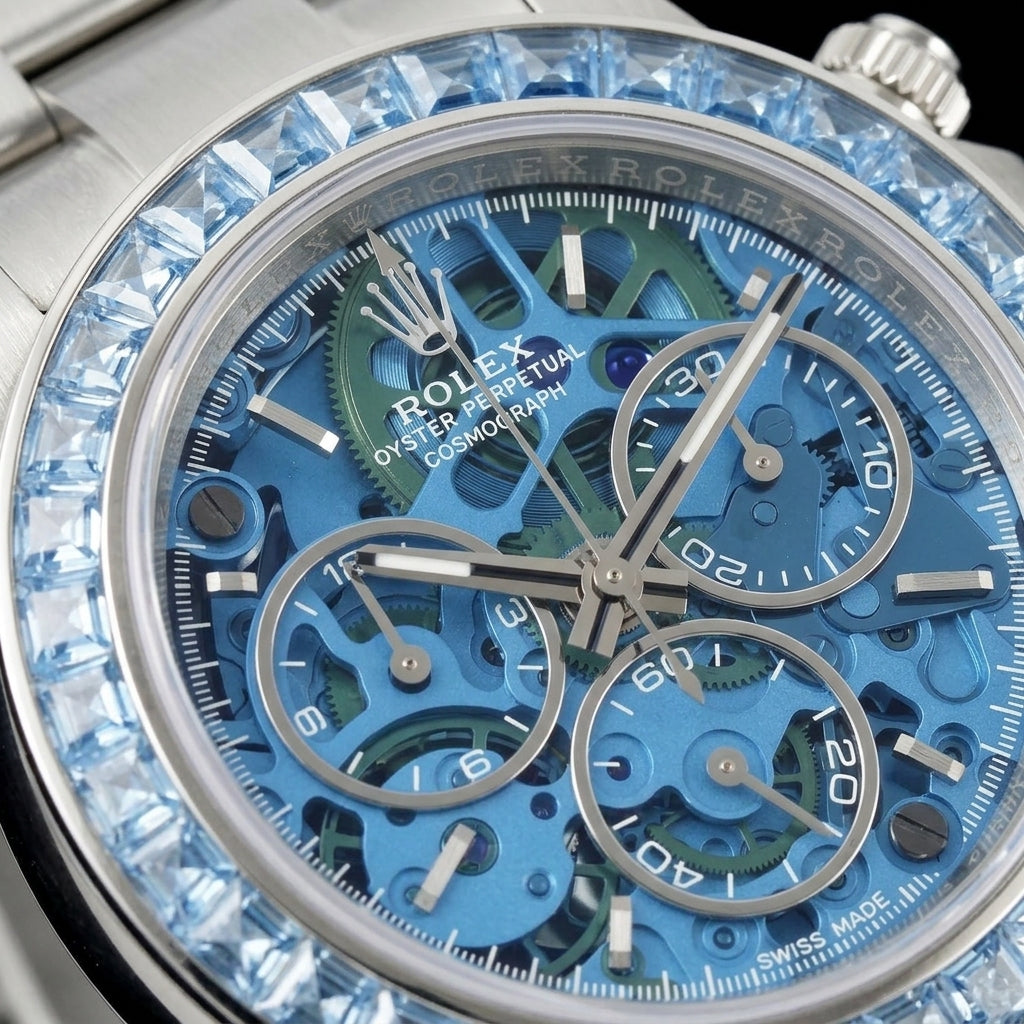 Macro of the sky-blue skeleton dial with steel-ringed open counters, white numerals and steel baton markers