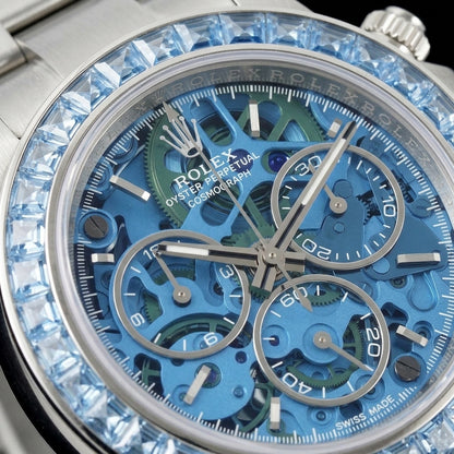Macro of the sky-blue skeleton dial with steel-ringed open counters, white numerals and steel baton markers