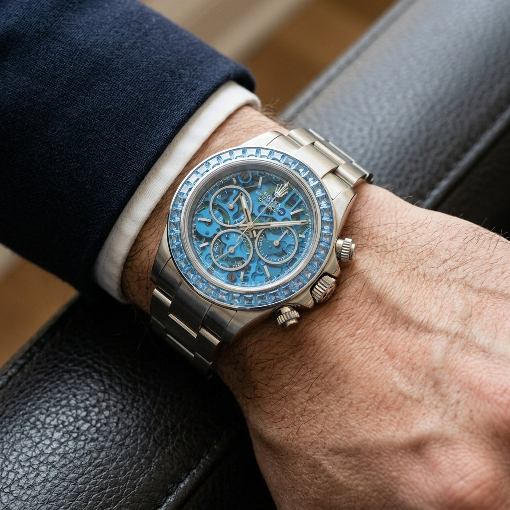 Steel skeleton chronograph with a blue stone bezel on its steel bracelet, worn on the wrist below a dark suit cuff