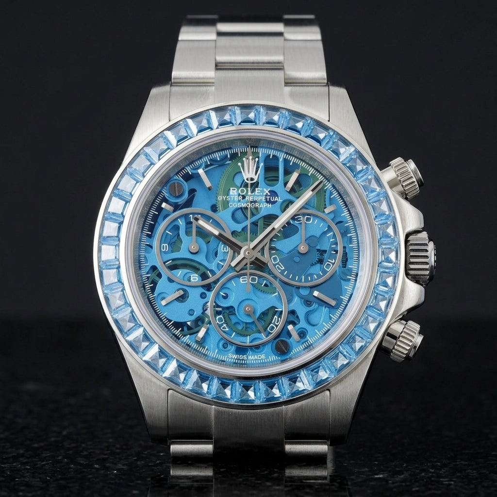 Steel skeleton chronograph with a blue stone bezel on its steel bracelet, worn on the wrist below a dark suit cuff