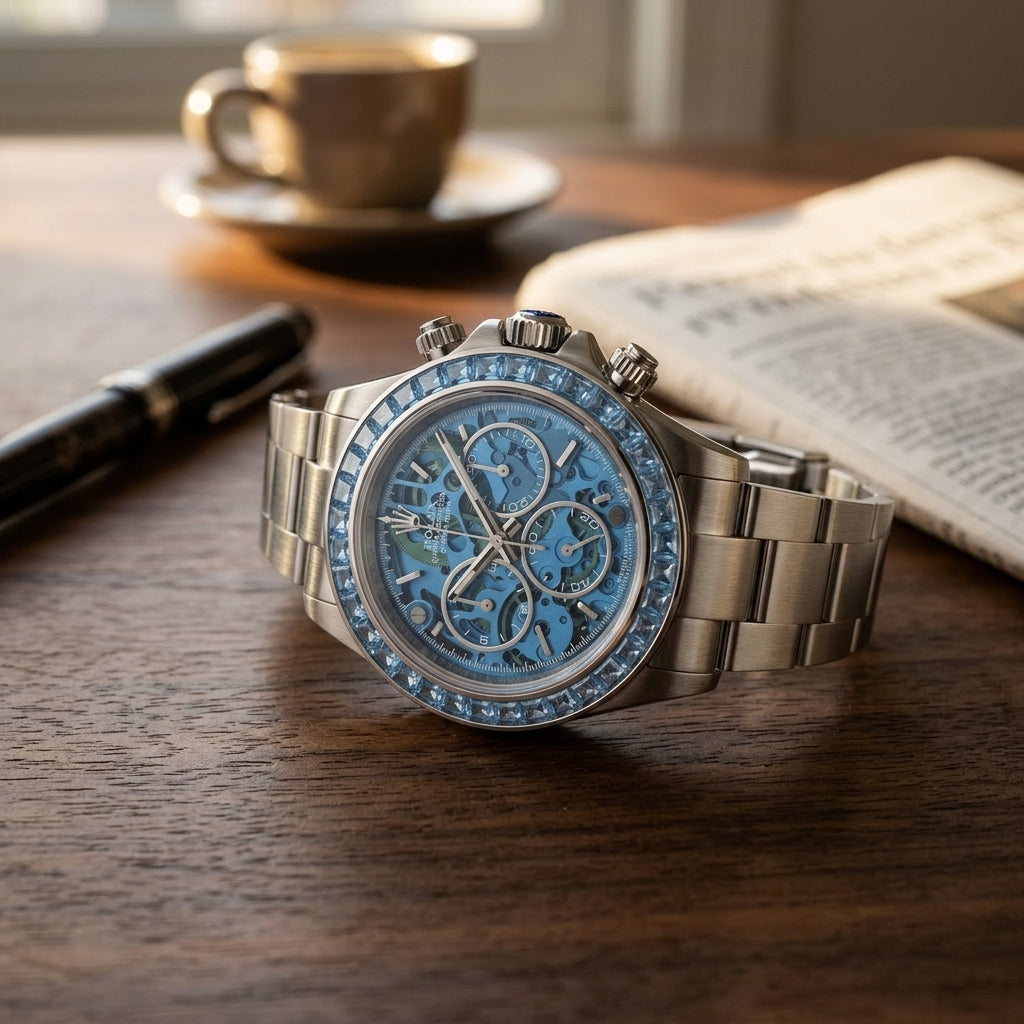 Steel skeleton chronograph with a sky-blue stone bezel on a dark walnut desk beside a fountain pen