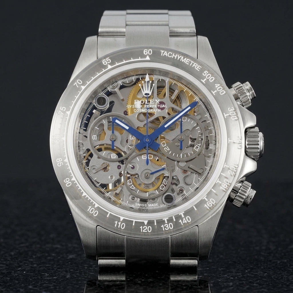 Steel skeleton chronograph with a grey open-worked dial and blue hands, upright on polished black granite