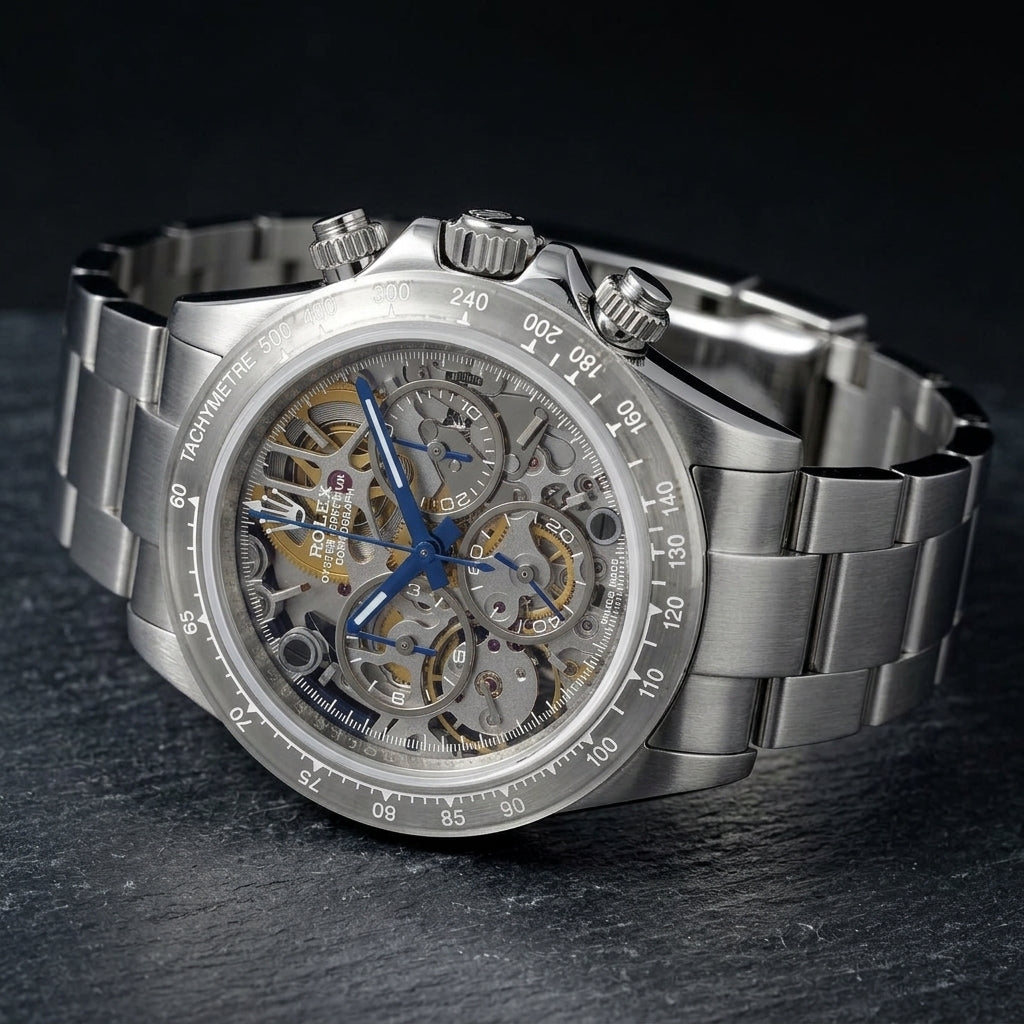 Steel skeleton chronograph at a three-quarter angle on dark slate, the clear tachymetre bezel beside the fluted crown and pushers