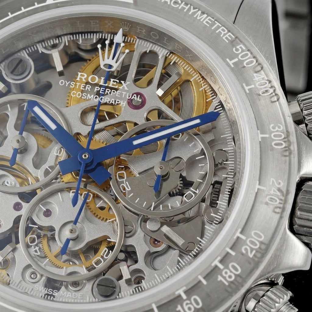Macro of the grey skeleton dial with gold-toned wheels, open steel-ringed sub-dials and royal-blue hands