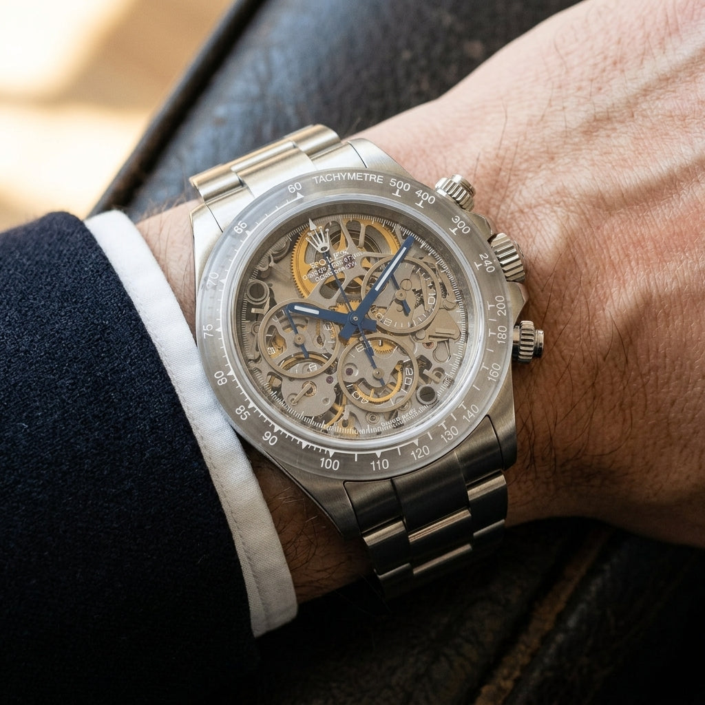 Steel skeleton chronograph on its three-row steel bracelet, worn on the wrist below a dark suit cuff