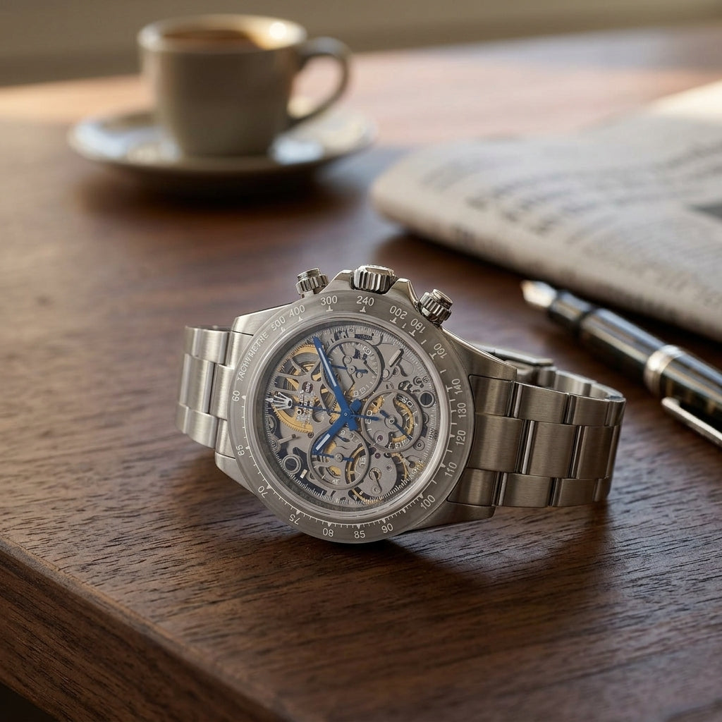 Steel skeleton chronograph with blue hands on a dark walnut desk beside a fountain pen