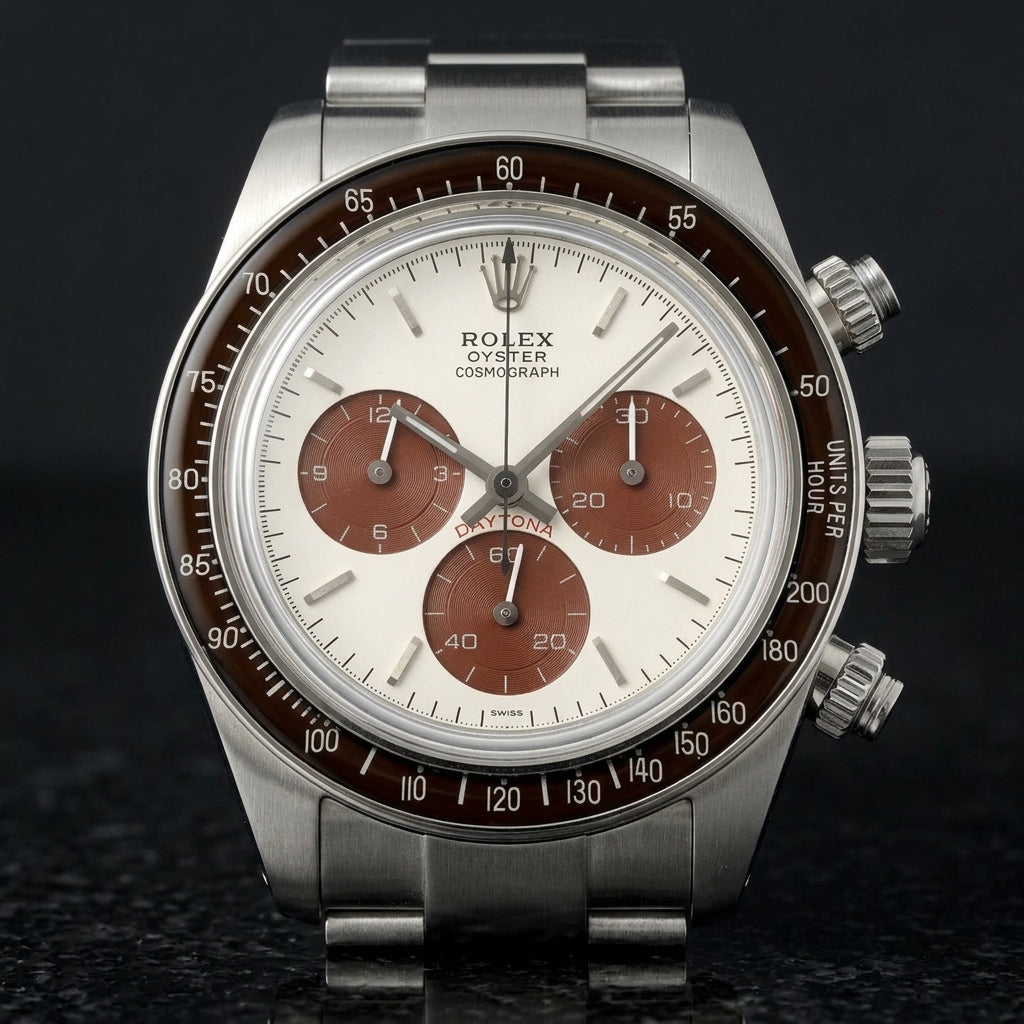 Steel chronograph with a white dial, brown counters and a brown bezel, upright on polished black granite