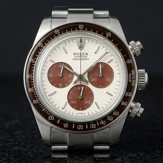 Steel chronograph with a white dial, brown counters and a brown bezel, upright on polished black granite