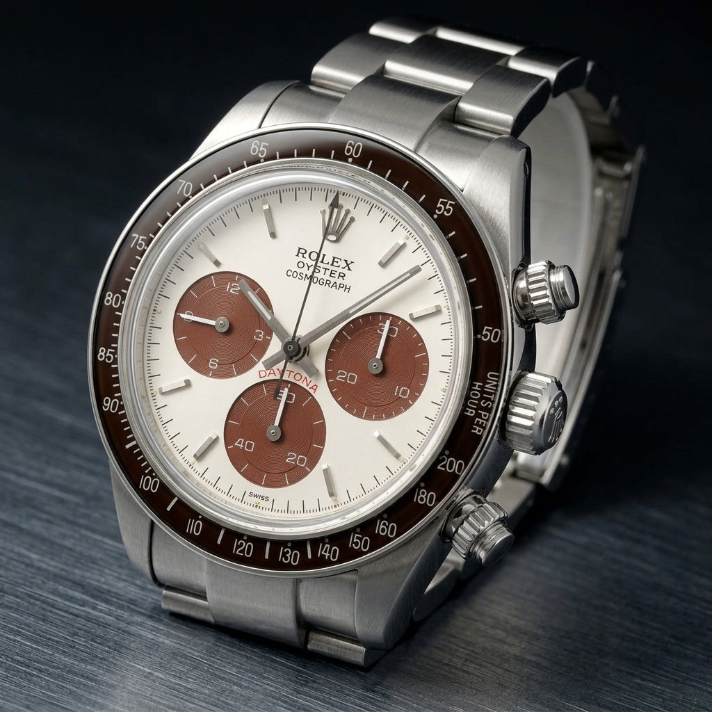 Steel chronograph at a three-quarter angle on dark slate, the brown bezel beside the fluted crown and pushers