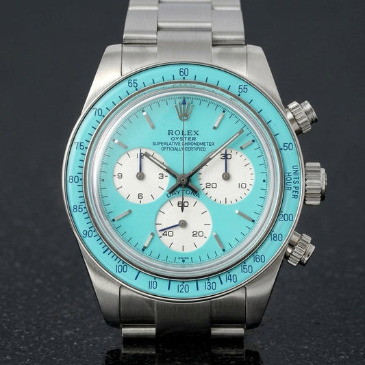 Steel chronograph with a turquoise dial, turquoise bezel and silver-white counters, upright on polished marble