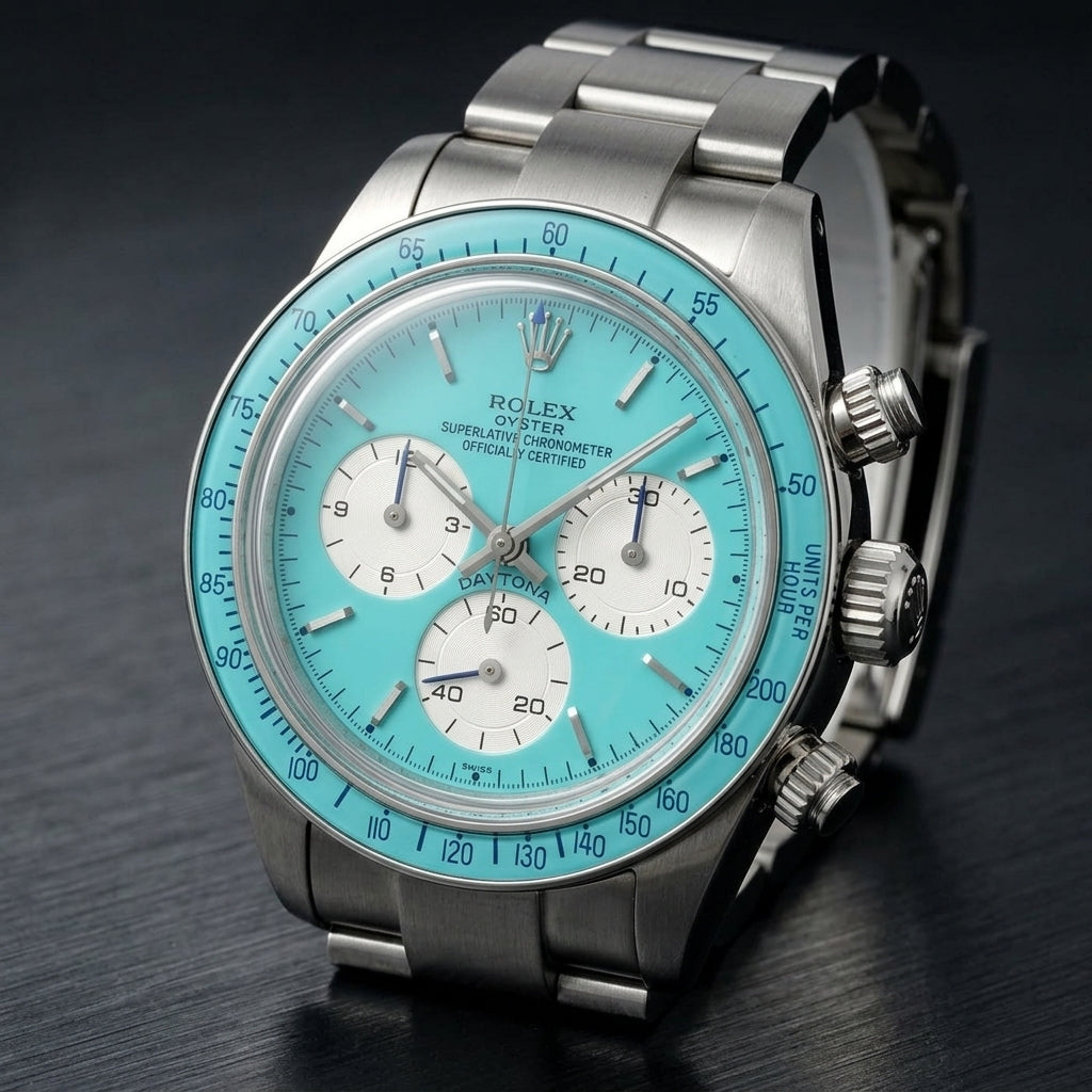 Steel chronograph at a three-quarter angle, the screw-down crown and pushers beside the turquoise bezel
