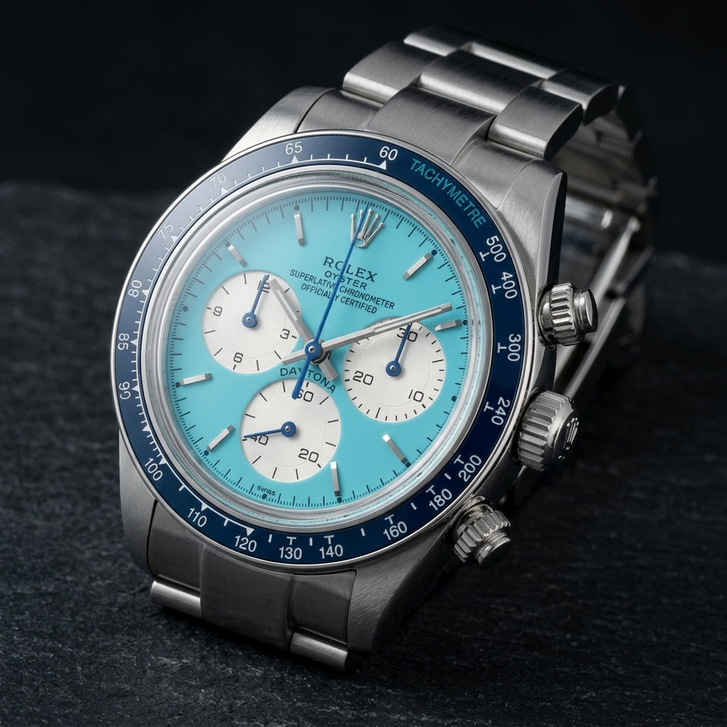 Steel chronograph at a three-quarter angle, the navy tachymeter bezel beside the fluted crown and steel pushers