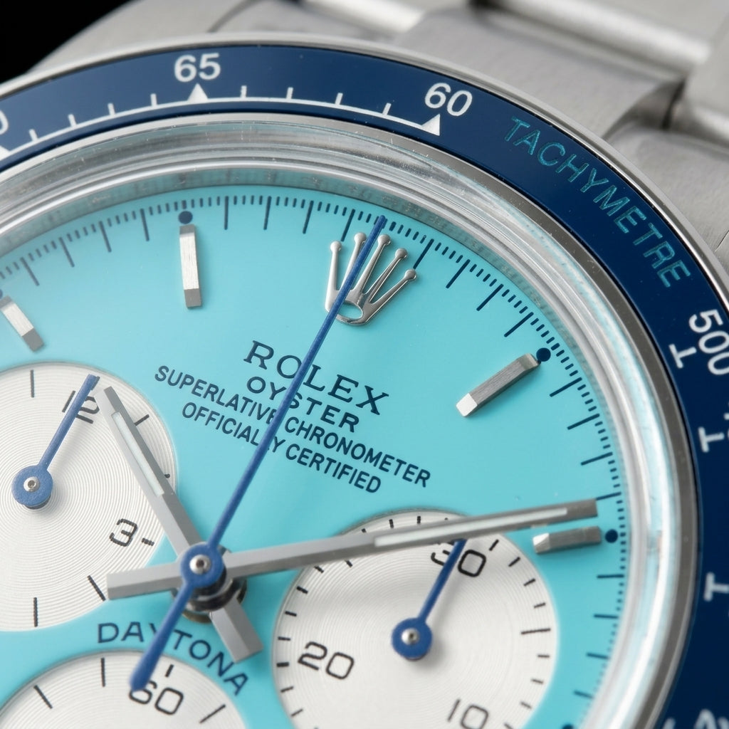 Macro of the turquoise dial with steel batons, three silvery-white counters and blue chronograph hands