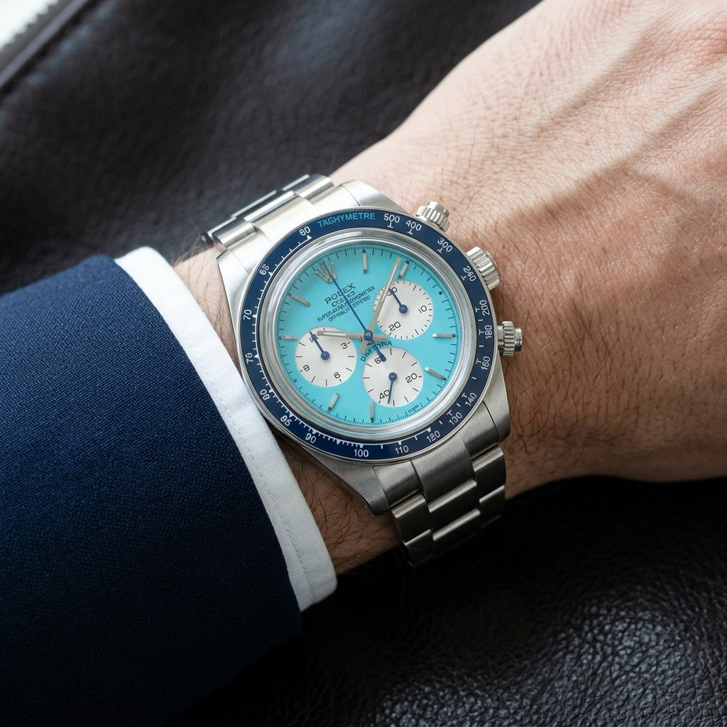 Steel chronograph with a turquoise dial on its steel bracelet, worn on the wrist below a dark suit cuff