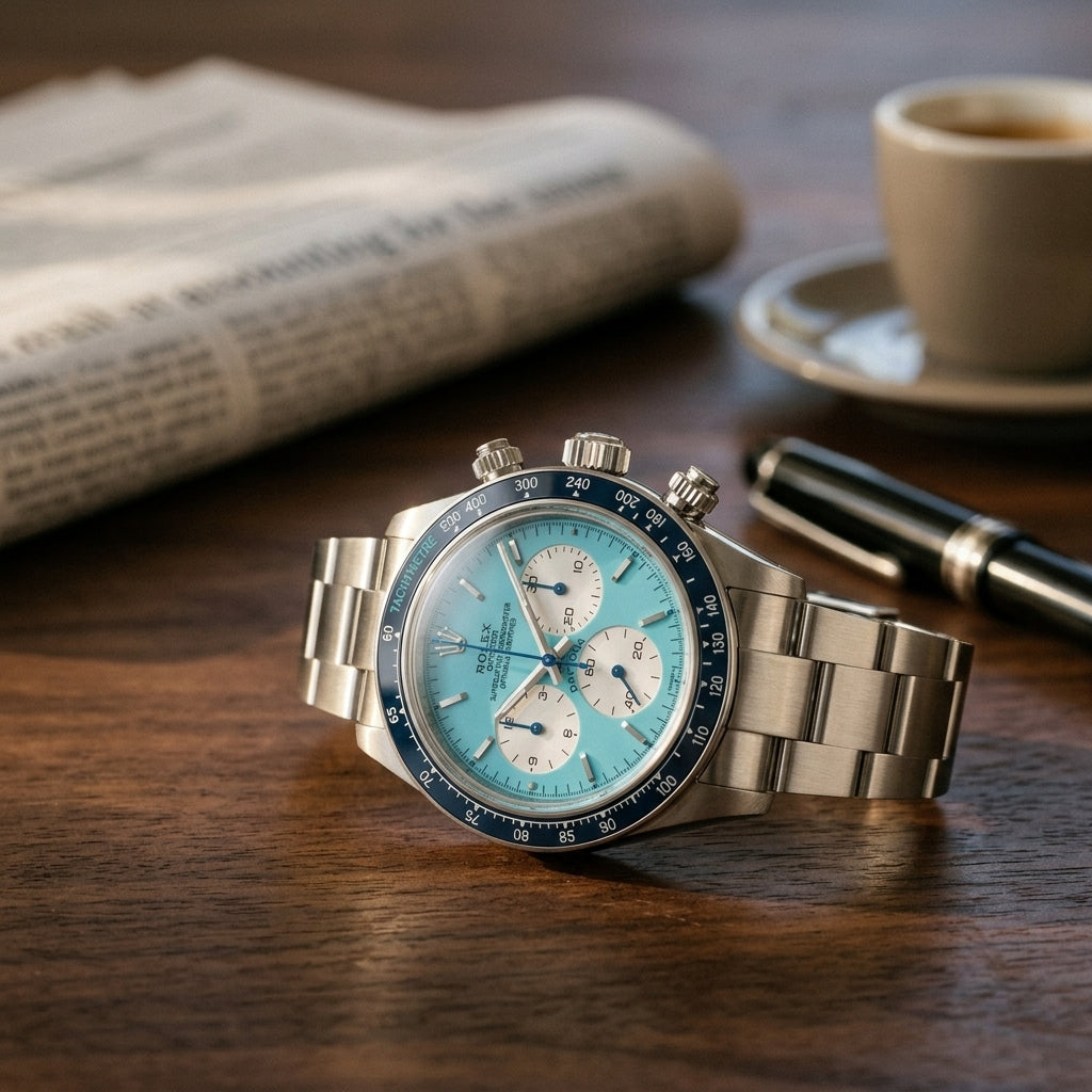Steel chronograph with a turquoise dial and a navy bezel on a dark walnut desk beside a fountain pen